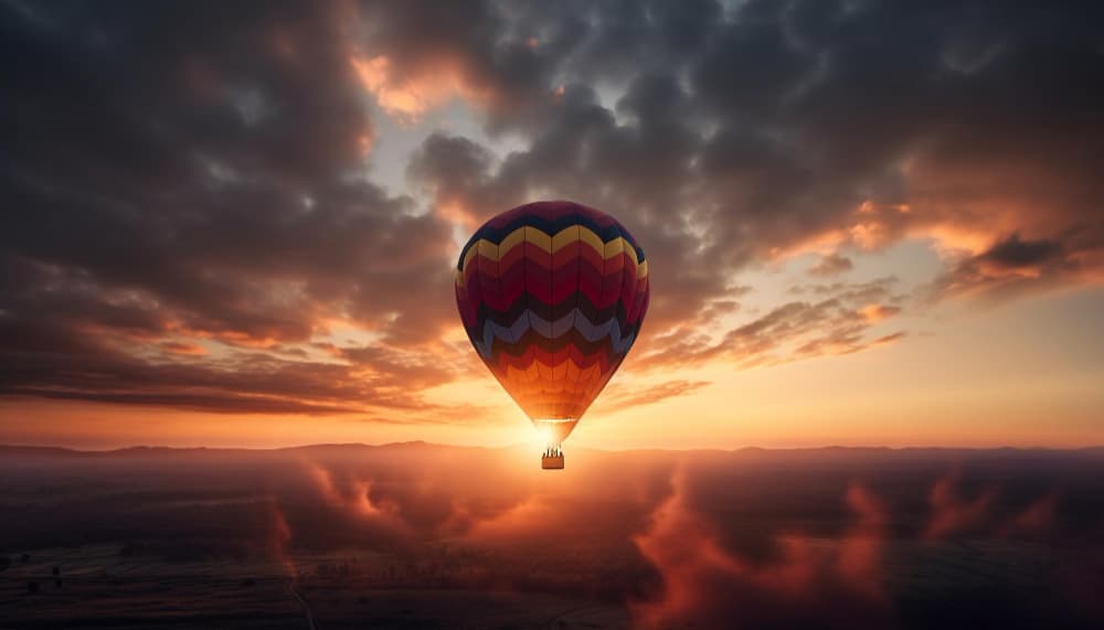 montgolfière avec coucher de soleil